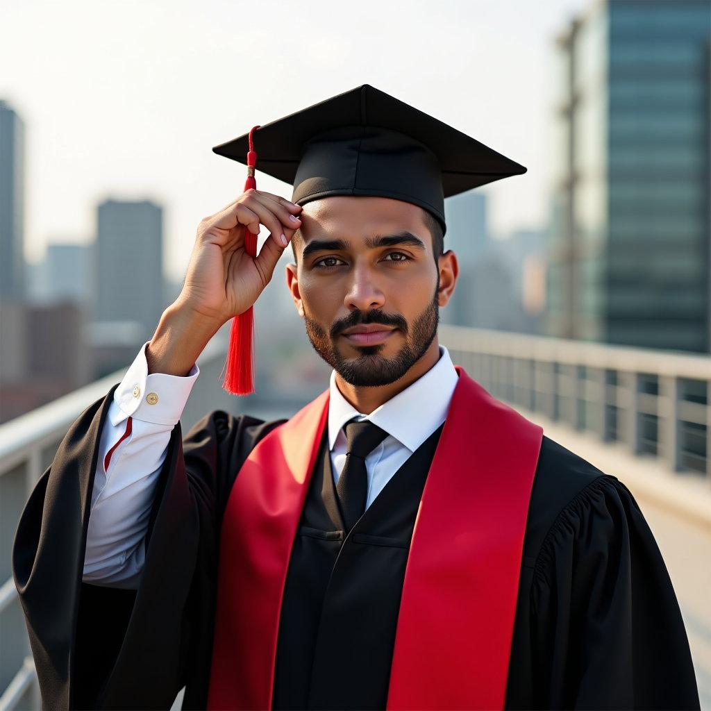 AI-generated photo: Photorealistic fashion portrait photography, a striking graduation portrait on an urban-campus rooft...