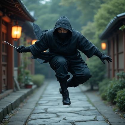 AI-generated photo: Cosplay dynamic action photo of a stealthy ninja c...