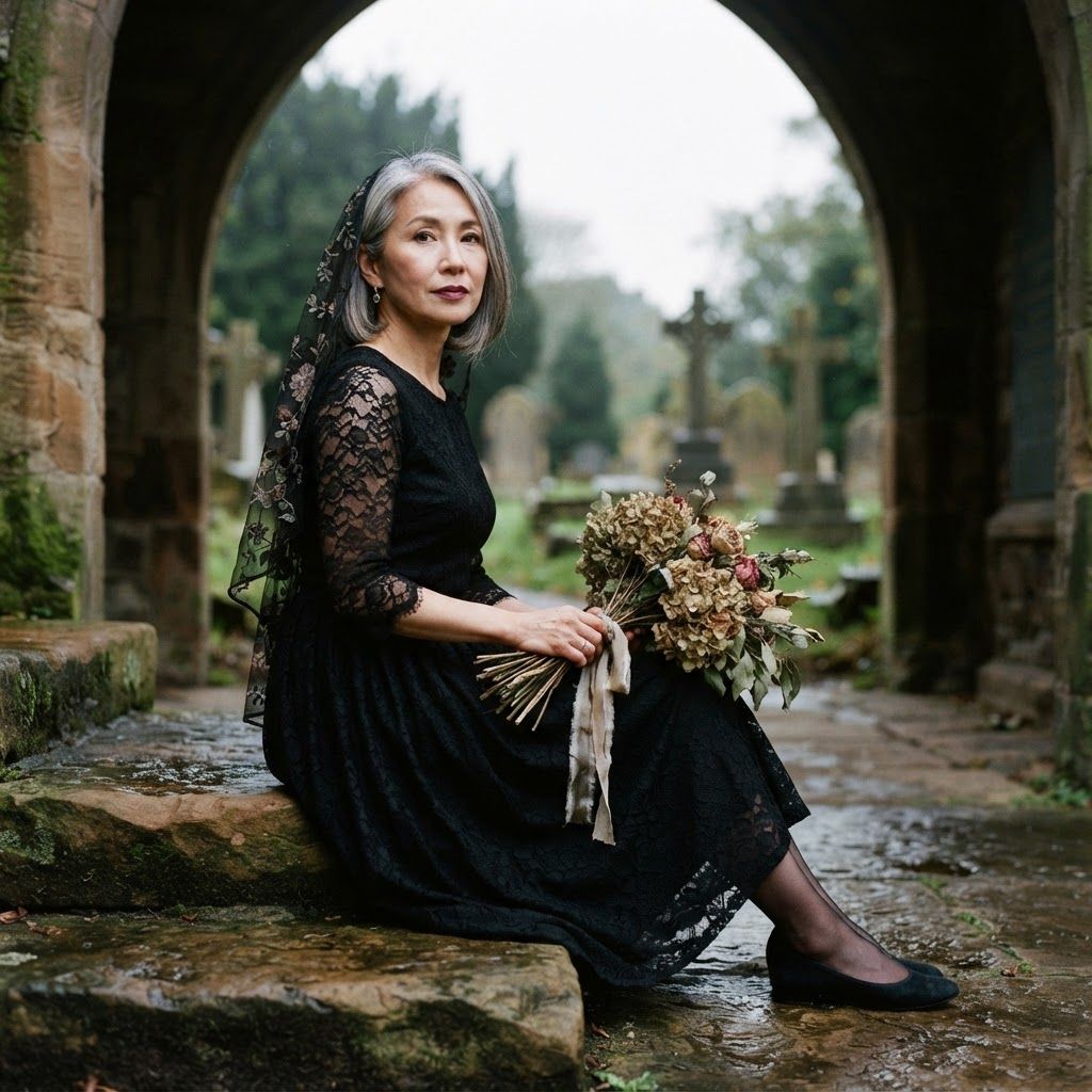 Gothic Bride Beneath a Cemetery Arch: Seated sideways on a low stone step beneath a cemetery arch, she turns her face toward the viewer with a quiet, wistful expression.