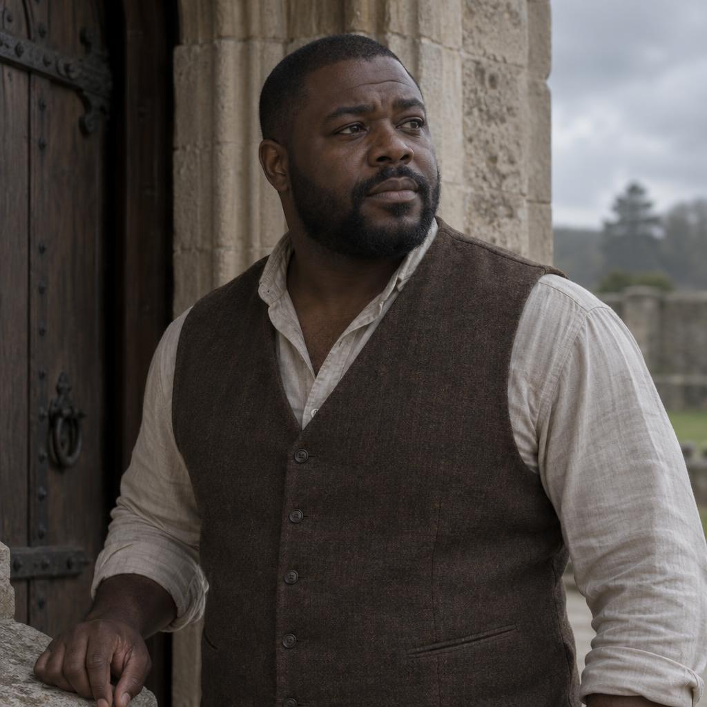 Romantic Period-Drama Lead: Chest-up portrait at an old limestone entrance, wearing a simple brown waistcoat over an unadorned shirt.