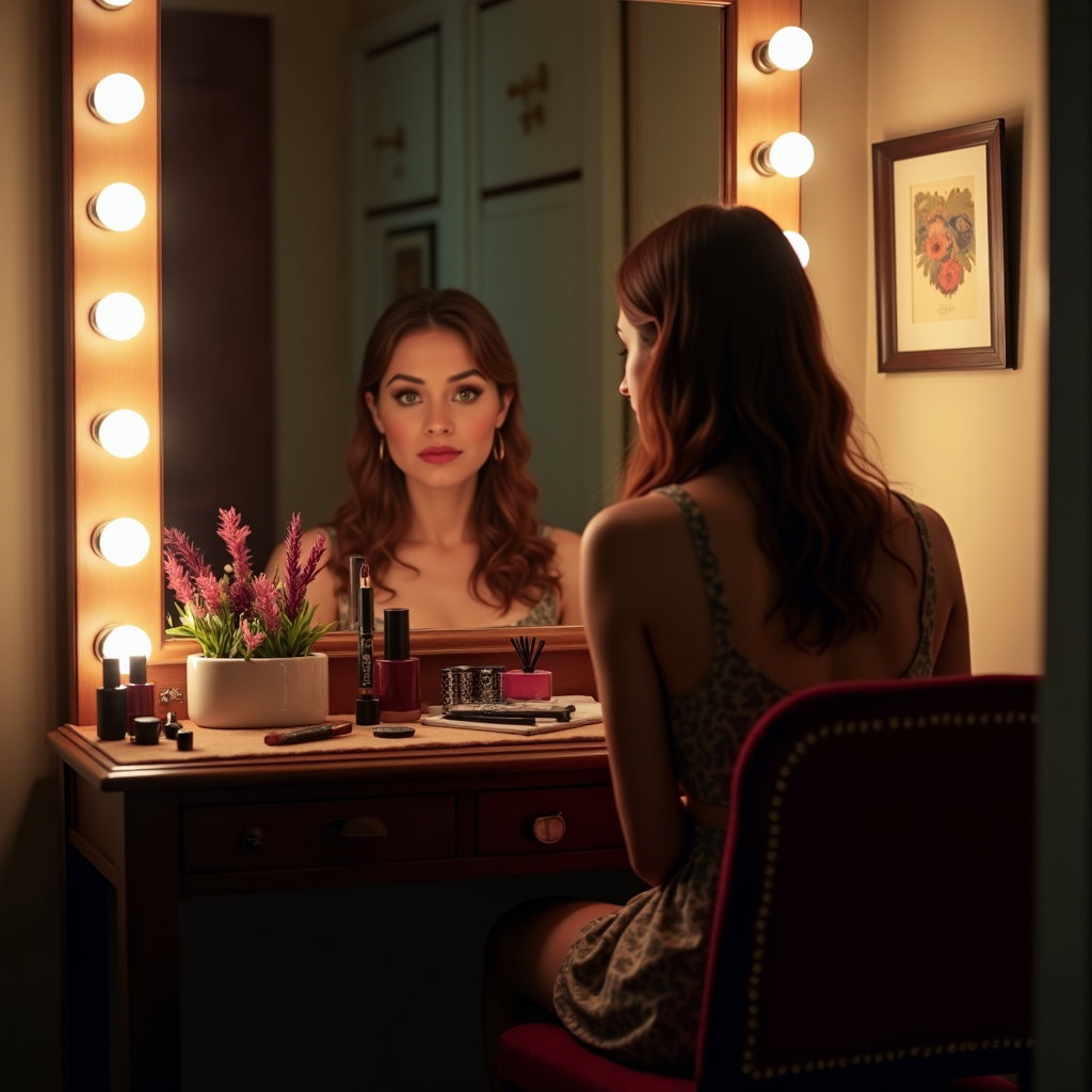 Mirror Vanity Glance Portrait example: Dating profile photo. Environmental portrait in a vintage dressing room with the subject seated at a clutter-free vanity