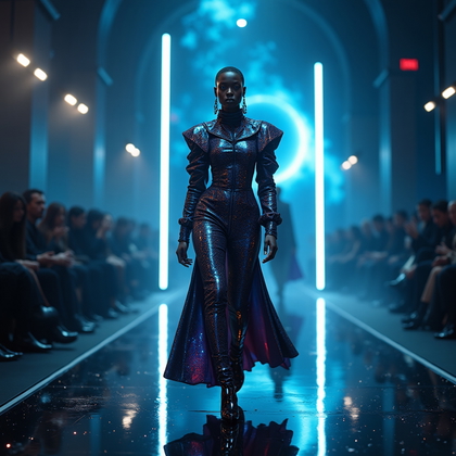 AI-generated photo: Photorealistic fashion photography, an ultra-high-end galaxy couture editorial scene on a reflective...