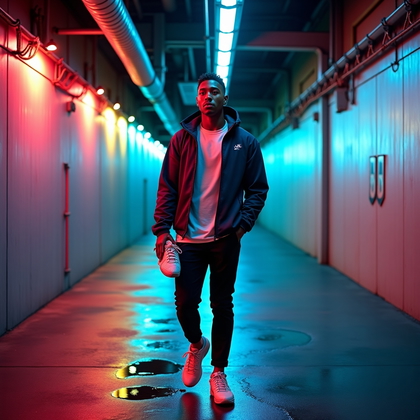 AI-generated photo: Photorealistic professional sports photography set in a service-corridor tunnel during a broadcast l...