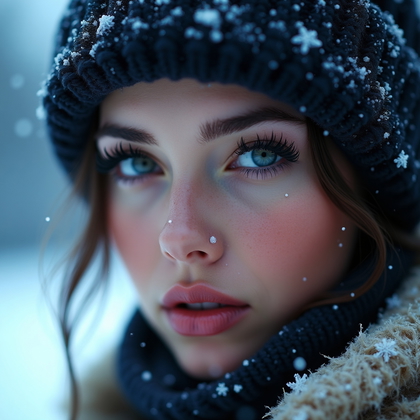 AI-generated photo: Photorealistic winter beauty portrait photo in three-quarter angle, face filling the frame with a fl...