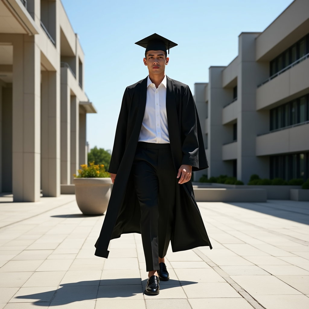 AI-generated photo: Fashion editorial photography, a bold graduation portrait on a contemporary university plaza with dr...