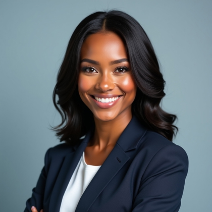 LinkedIn profile photo. Square crop-ready head-and-shoulders portrait with the subject centered, shoulders squared, direct eye contact, and a friendly professional smile. Use a soft blue-gray background, clean business styling, flattering even light, subtle separation from the backdrop, and a crisp avatar-friendly finish designed for profile thumbnails.