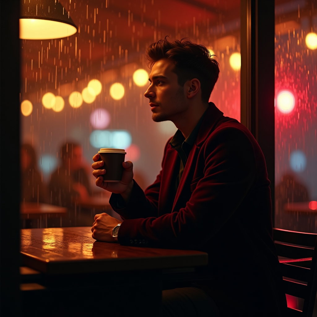 Rainy Night Street Vamp Portrait example: Dating profile photo, photorealistic environmental portrait outside a glowing late-night café window during rain, with t