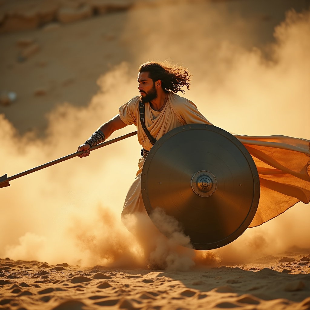 Solo Bronze-Armor Champion Portrait example: Cinematic mythological portrait photo. Dynamic action portrait of a solo champion moving through dusty arena light, shie