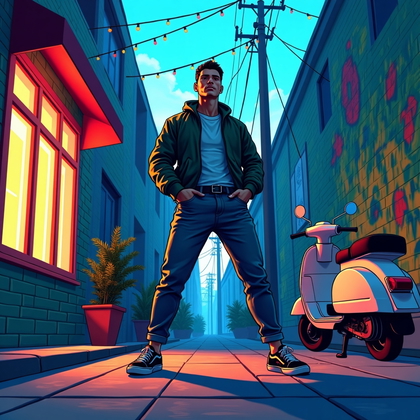 AI-generated photo: Cel-shaded key art illustration — street mural alley at blue hour, colossal spray-painted fauna and ...