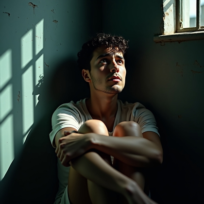 AI-generated photo: Photorealistic prison close-up portrait taken from a slightly low angle, showing the person sitting ...