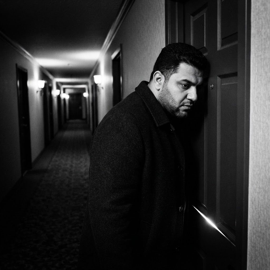 Hotel Corridor Tension: One visible person pressed close beside a closed hotel room door as if listening, fitted coat pulled tight, shoulder turned toward the long…