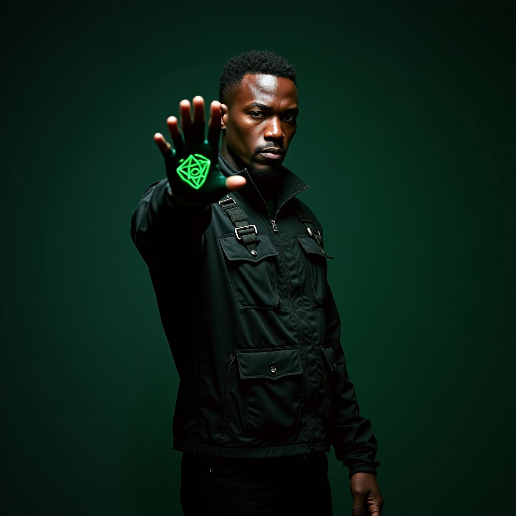 Dark Studio Silhouette Hunter Portrait example: Photorealistic dark fantasy portrait photography. Half-body studio portrait with the subject angled slightly sideways wh