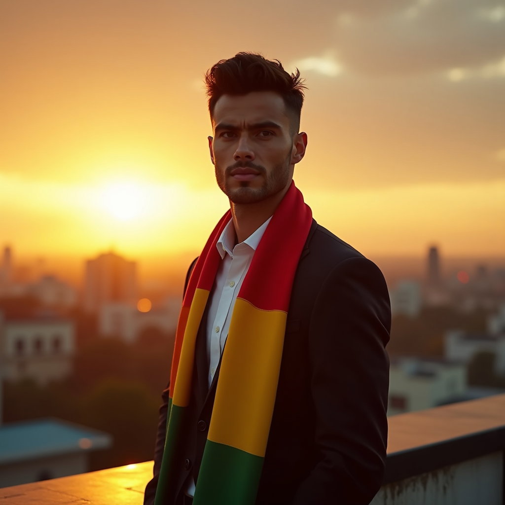 Heritage and Diaspora World Cup Fan Portraits example: Photorealistic editorial hero portrait photography. A single fan stands on a rooftop at sunset with arms relaxed and con