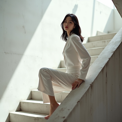 Photorealistic fashion editorial photography: minimalist concrete staircase with bold geometric shadows and pristine white walls, subject positioned on a mid-landing with a poised stance, body angled and one elbow lightly resting on the handrail for compositional stability. Crisp monochrome outfit with refined textures, direct eye contact and a subtle closed-lip smile convey polish and confidence. Side lighting sculpts clean contrast while negative space above leaves room for cropping, with strong leading lines drawing the viewer straight to the face.