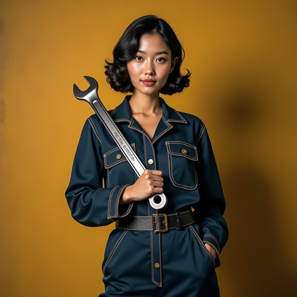 AI-generated photo: Photorealistic vintage industrial fashion portrait photography: the subject stands in front of a pai...