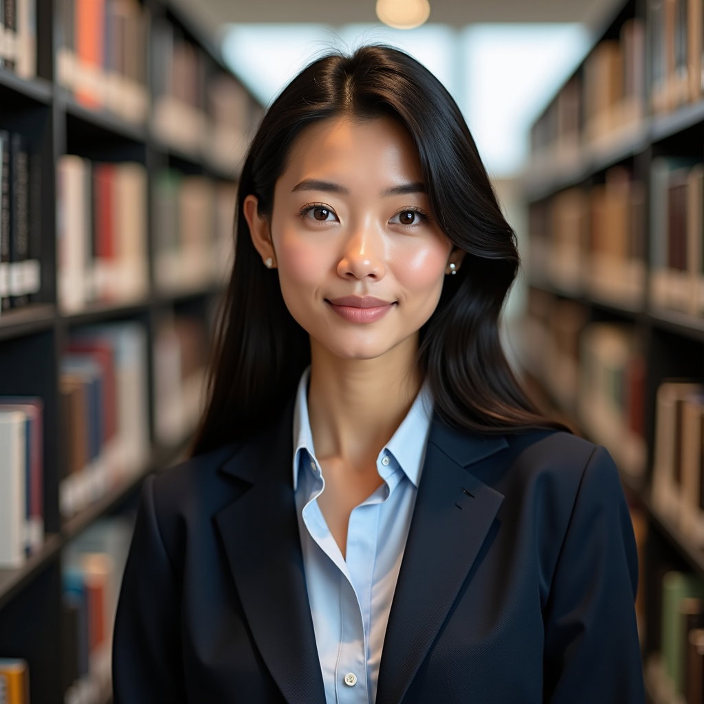 AI-generated photo: Professional headshot in a corporate resource library with staggered shelving and neutral grey carpe...