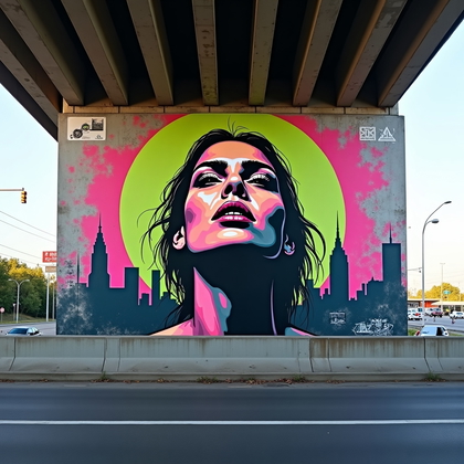 AI-generated photo: Street-art spray-paint mural illustration under a freeway overpass, depicting an urban antihero from...
