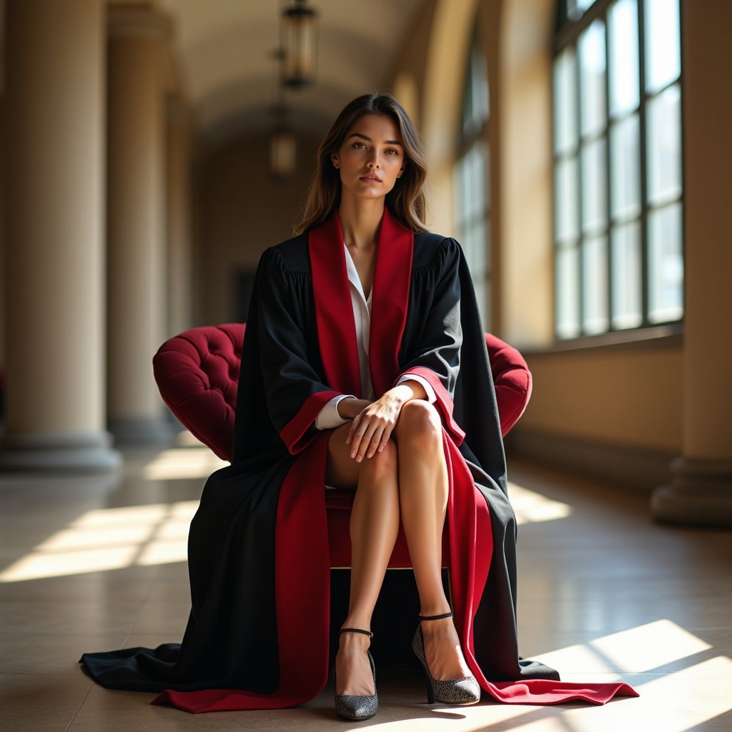 AI-generated photo: Professional fashion photography, a seated graduation portrait staged on an elegant velvet chair in ...