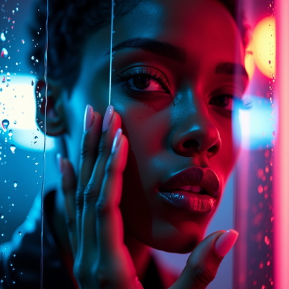 AI-generated photo: Photorealistic editorial beauty photograph with the subject inches behind rain-kissed glass, a clean...
