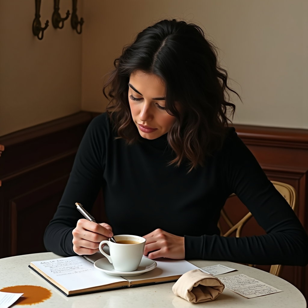 Coffee-and-Notes Corner: Tight opposite-chair café candid of one visible person wearing a dark turtleneck, closing a notebook over a fountain pen while holding a…