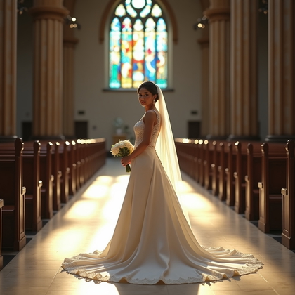 AI-generated photo: Photorealistic wedding photography inside a cathedral nave, composed from a low angle at the aisle t...