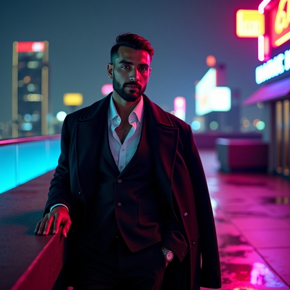 Photorealistic night fashion portrait on a city rooftop, neon signage casting magenta and cyan accents across a slick concrete deck, subject in a tailored suit or sleek cocktail ensemble with a structured coat draped over the shoulders, one hand resting on the railing and the other adjusting a lapel. A portable soft light keys the face with gentle falloff, while skyscraper windows melt into creamy bokeh and a distant billboard adds graphic geometry. Pose is confident and alluring—weight shifted, chest open, chin slightly elevated—and the gaze is locked to camera for magnetic presence. Compose mid-length with negative space for text, reflective puddles for cinematic sparkle, and a glossy editorial finish suited for high-end dating profiles.