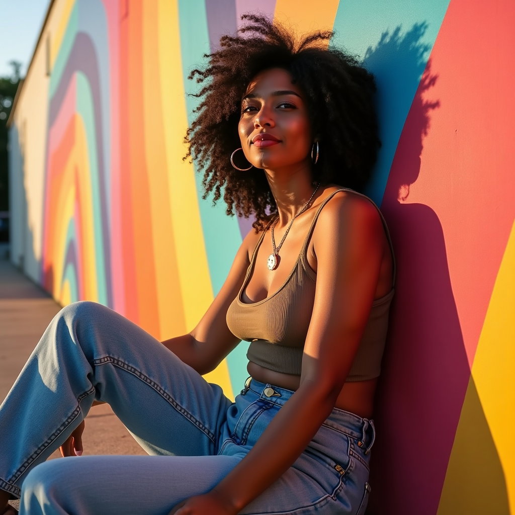 Gender-Expressive Pride Portraits With Confident Posing example: Photorealistic environmental portrait photography, the subject posed in front of a large mural with abstract rainbow sha