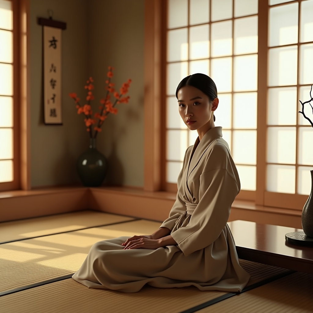 AI-generated photo: Photorealistic fashion portrait photography. A softly lit tatami room portrait shows the subject sea...