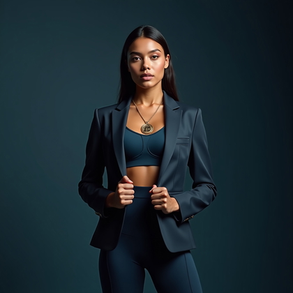 AI-generated photo: Photorealistic studio fashion photography, waist-up portrait of an athlete standing tall with should...