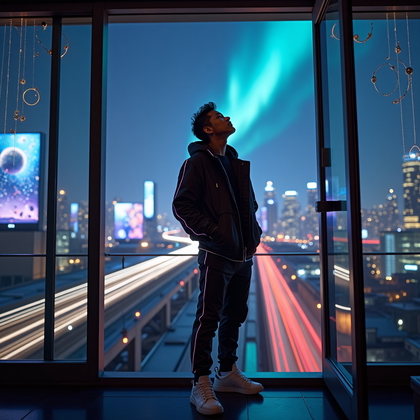 AI-generated photo: Photorealistic fashion-forward urban night portrait. A person stands at the entrance of a sleek roof...