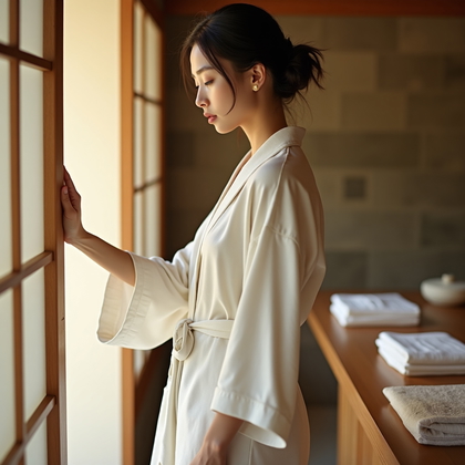 AI-generated photo: Fashion portrait photography, a high-end zen-inspired editorial portrait created in a tranquil Japan...