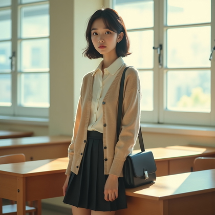 AI-generated photo: Photorealistic fashion photography. A polished campus-inspired fashion image showing a Japanese scho...