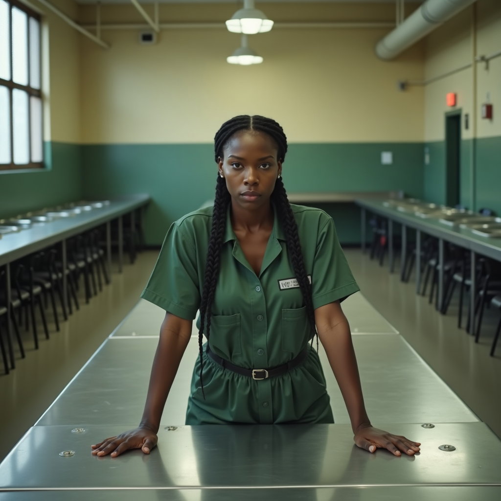 AI-generated photo: Photorealistic prison photography, full-body shot in the institutional cafeteria during off-hours, s...