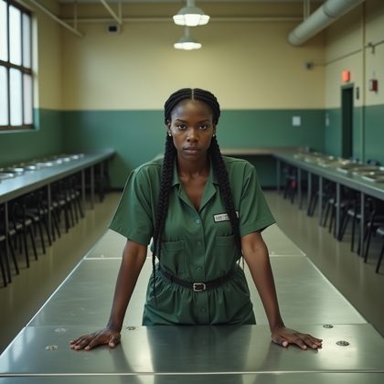 AI-generated photo: Photorealistic prison photography, full-body shot in the institutional cafeteria during off-hours, s...
