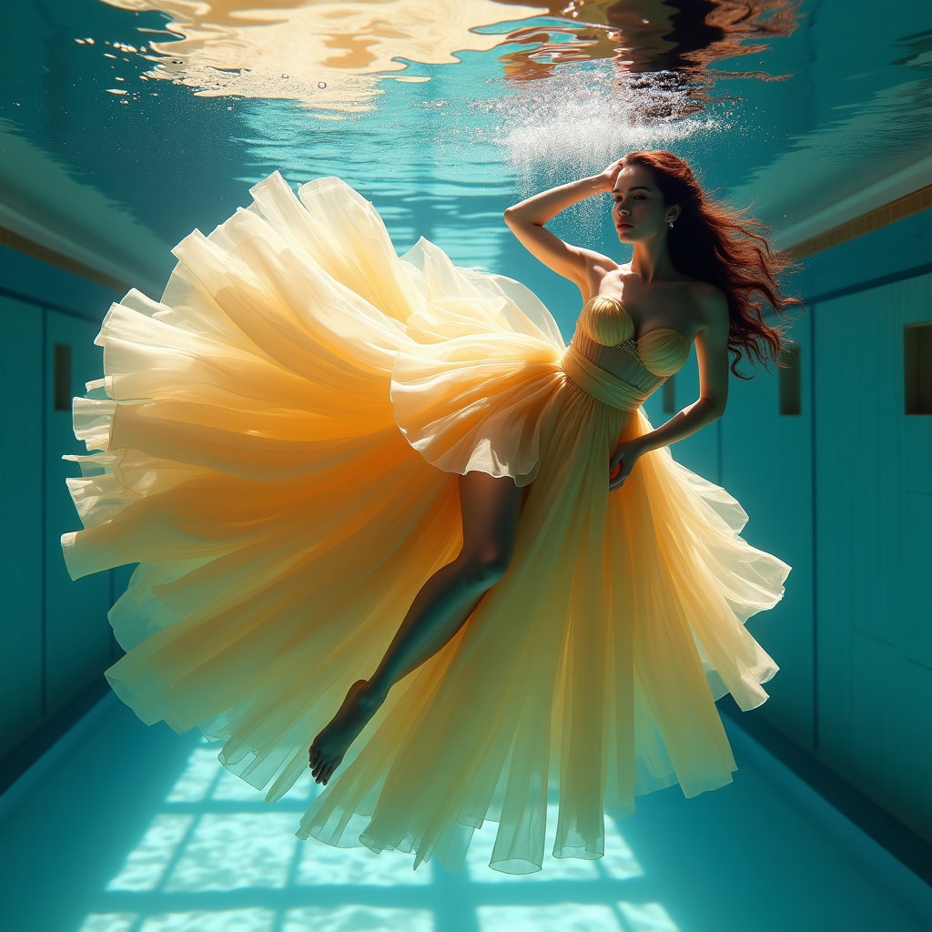 AI-generated photo: Photorealistic underwater fashion photography, elaborate full-body portrait in an elegant, modern po...