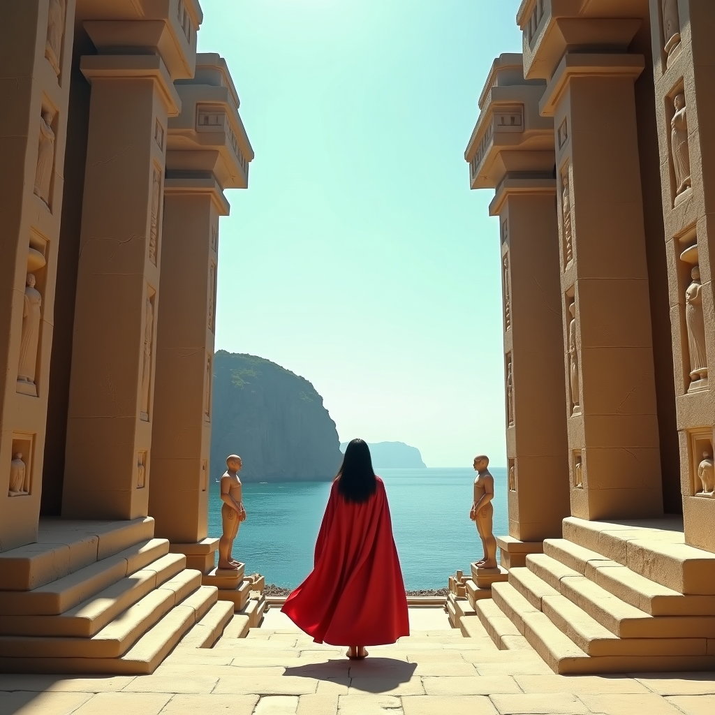 Solo Full-Body Temple Steps Hero Stance example: Cinematic fantasy portrait photo. A wide environmental portrait showing the solo hero small but striking at the center o
