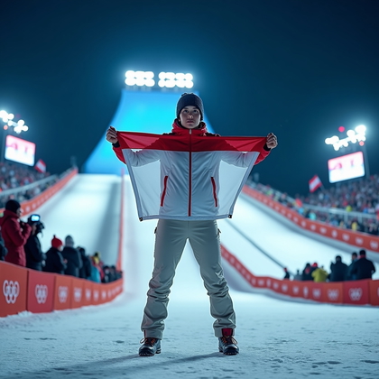 AI-generated photo: Photorealistic lifestyle sports photography. A person stands at the base of an Olympic ski jump on a...