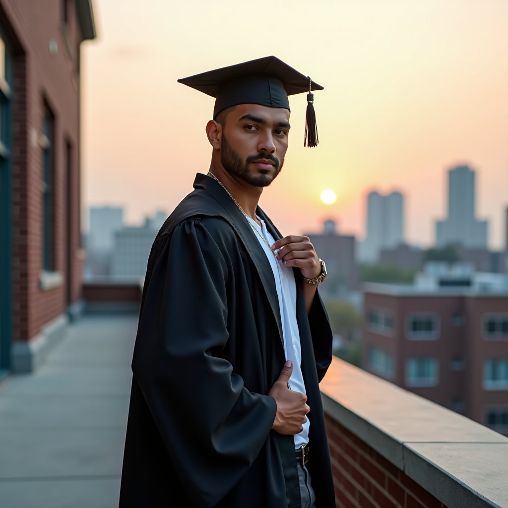 AI-generated photo: Professional fashion portrait photo, an elevated soft over-the-shoulder graduate look photographed o...