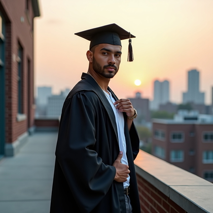 AI-generated photo: Professional fashion portrait photo, an elevated soft over-the-shoulder graduate look photographed o...