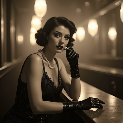 AI-generated photo: Authentic 1920s gelatin silver speakeasy portrait photograph: waist-up at a polished mahogany bar wi...