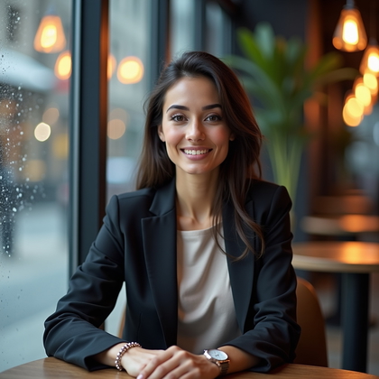 AI-generated photo: Professional headshot: Seated at a pedestal table by a floor-to-ceiling window in a ground-floor exe...