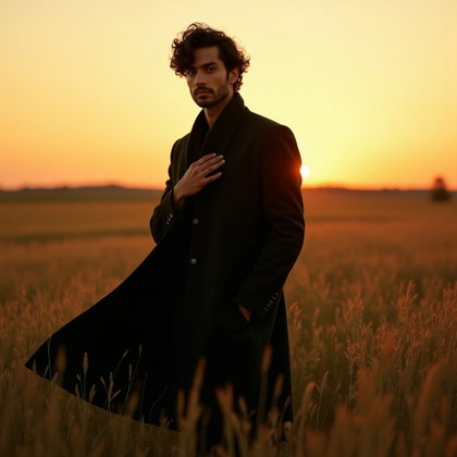 Windblown Meadow Poet Portrait With a Long Coat example: Photorealistic portrait photography. Editorial hero image in a vast meadow at sunset, subject centered with a long dark