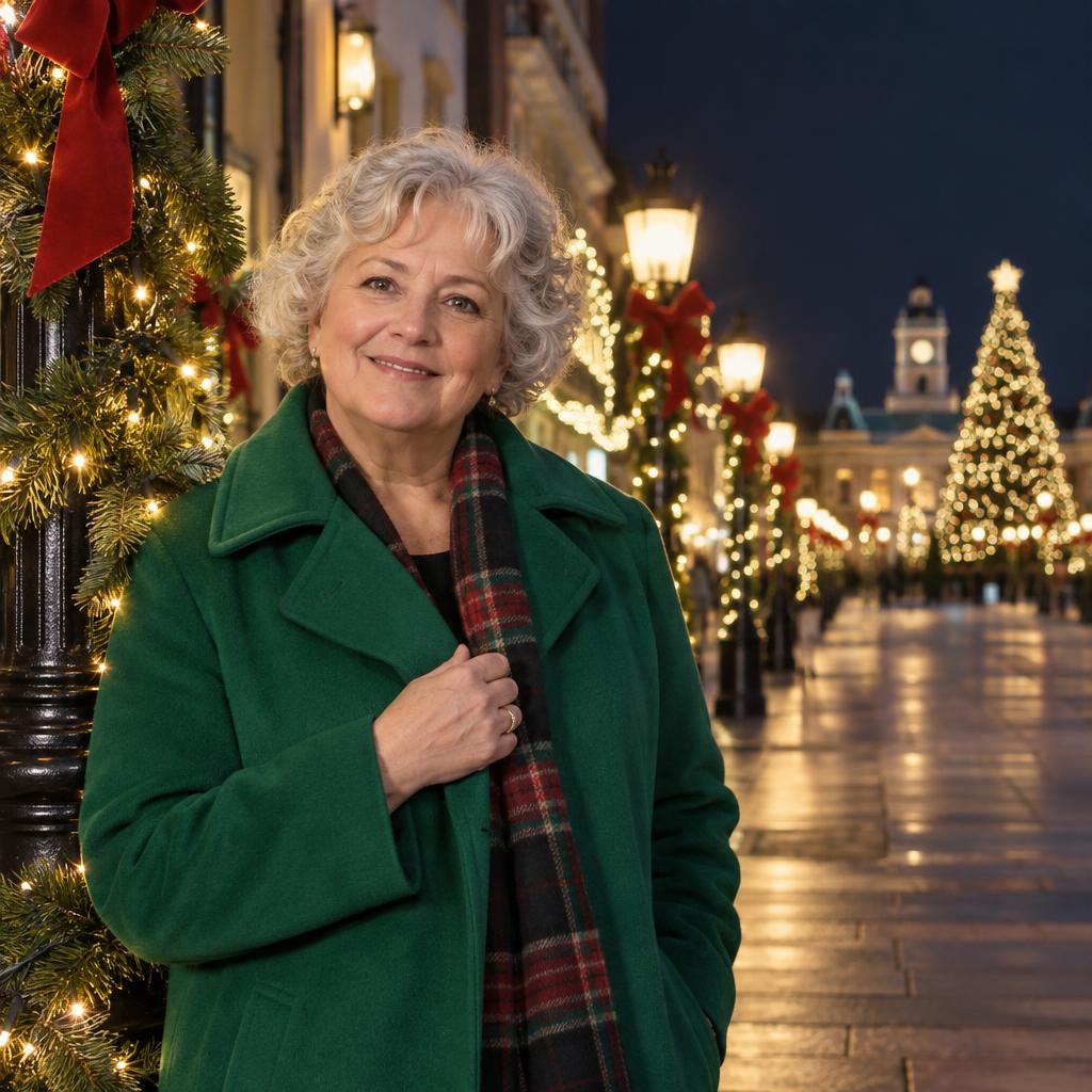 Holiday Lights in the City: Photorealistic waist-up portrait along a festive city sidewalk.