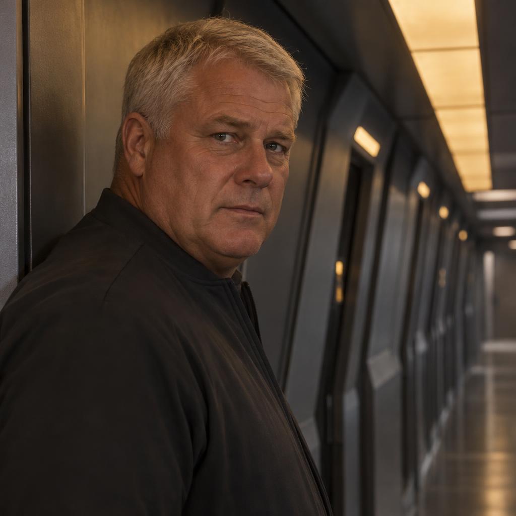 Speculative-Fiction Character: Photorealistic acting headshot, shoulders-up near one edge of a matte-metal corridor, with a repeating row of slanted doorframes receding…
