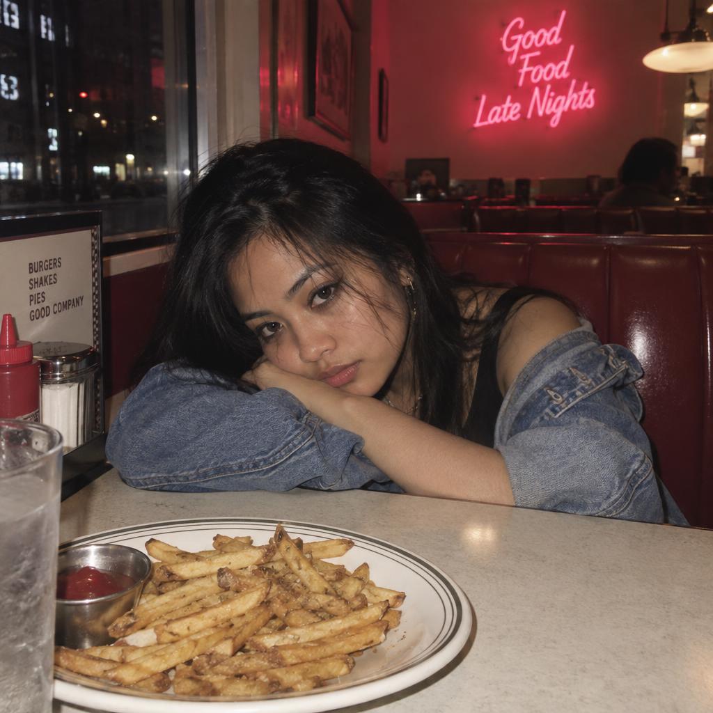 Diner Booth Afterparty: Candid late-night diner portrait from across the table: one person slumps into a red-vinyl booth beneath a pink neon sign, cheek resting on…