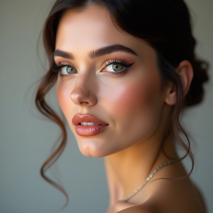 AI-generated photo: Photorealistic beauty studio portrait. Ultra-closeup glamour headshot in a professional studio, with...