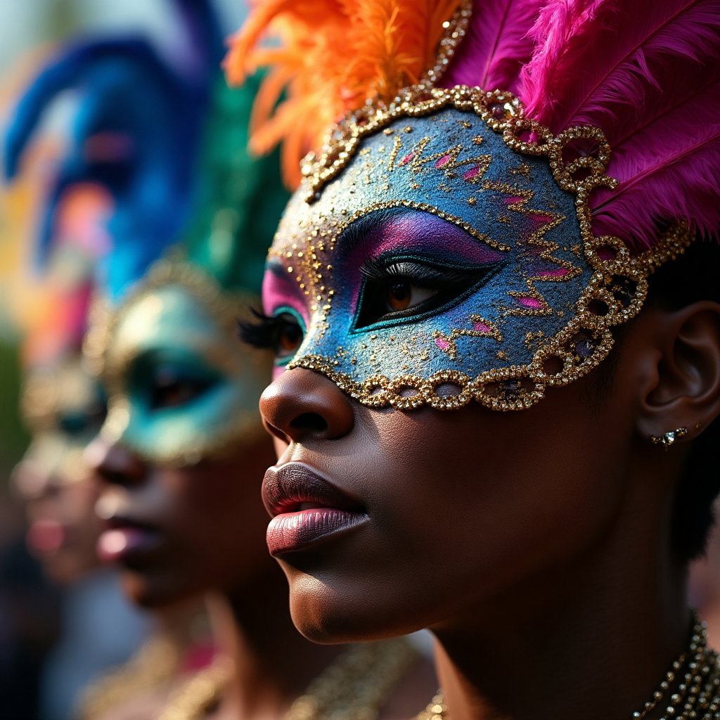 AI-generated photo: Cosplay accessory close-up featuring the vibrant, feathered mask of a flamboyant carnival costume. T...