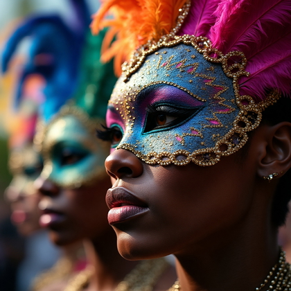 AI-generated photo: Cosplay accessory close-up featuring the vibrant, feathered mask of a flamboyant carnival costume. T...