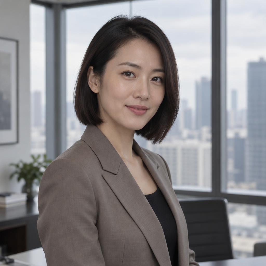 Polished Authority Role: Chest-up casting portrait in a corner office, with blurred window frames and a muted skyline forming clean lines behind one person.