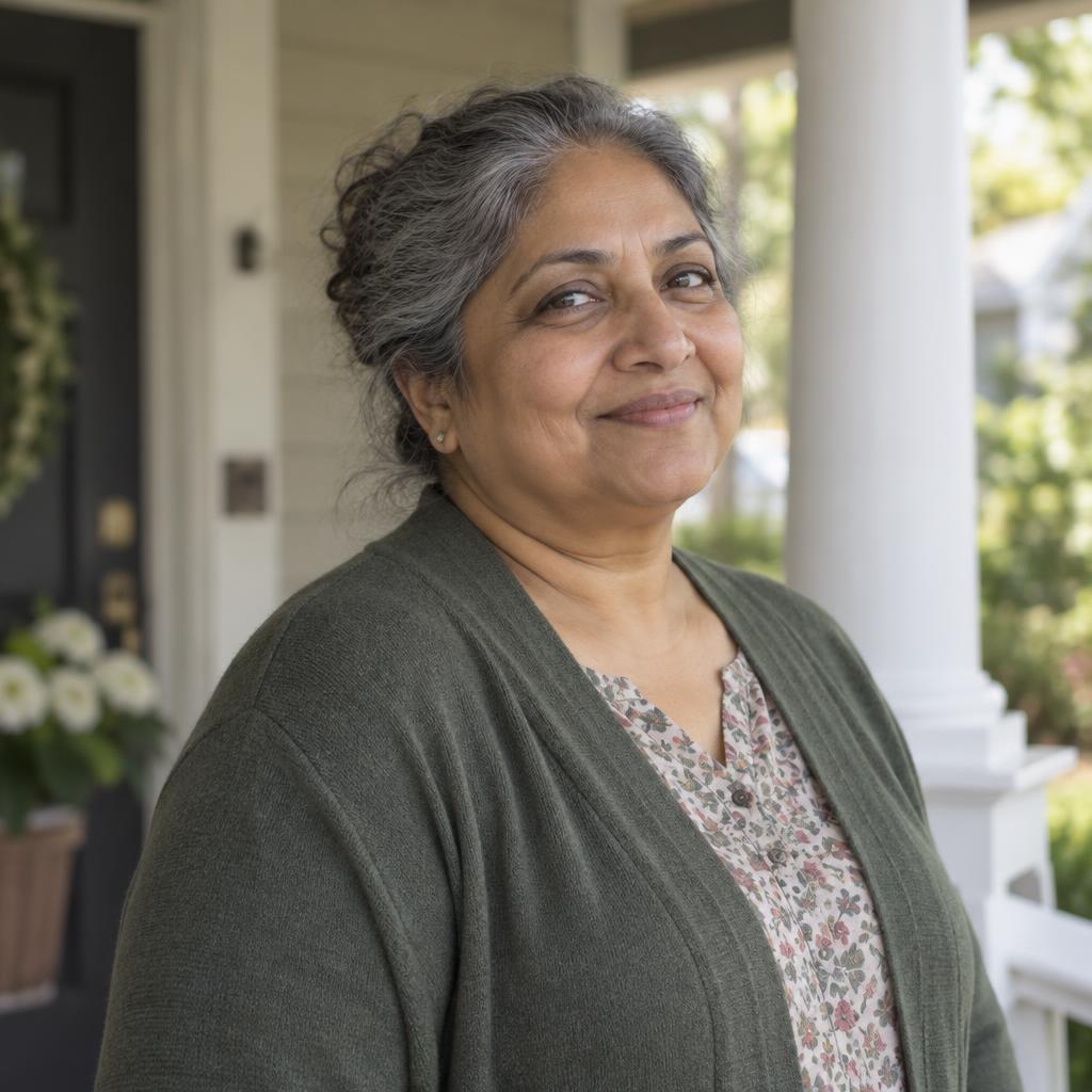 Warm Neighborly Character: Frame from the chest up on a covered front porch, with a porch column softly visible behind her.